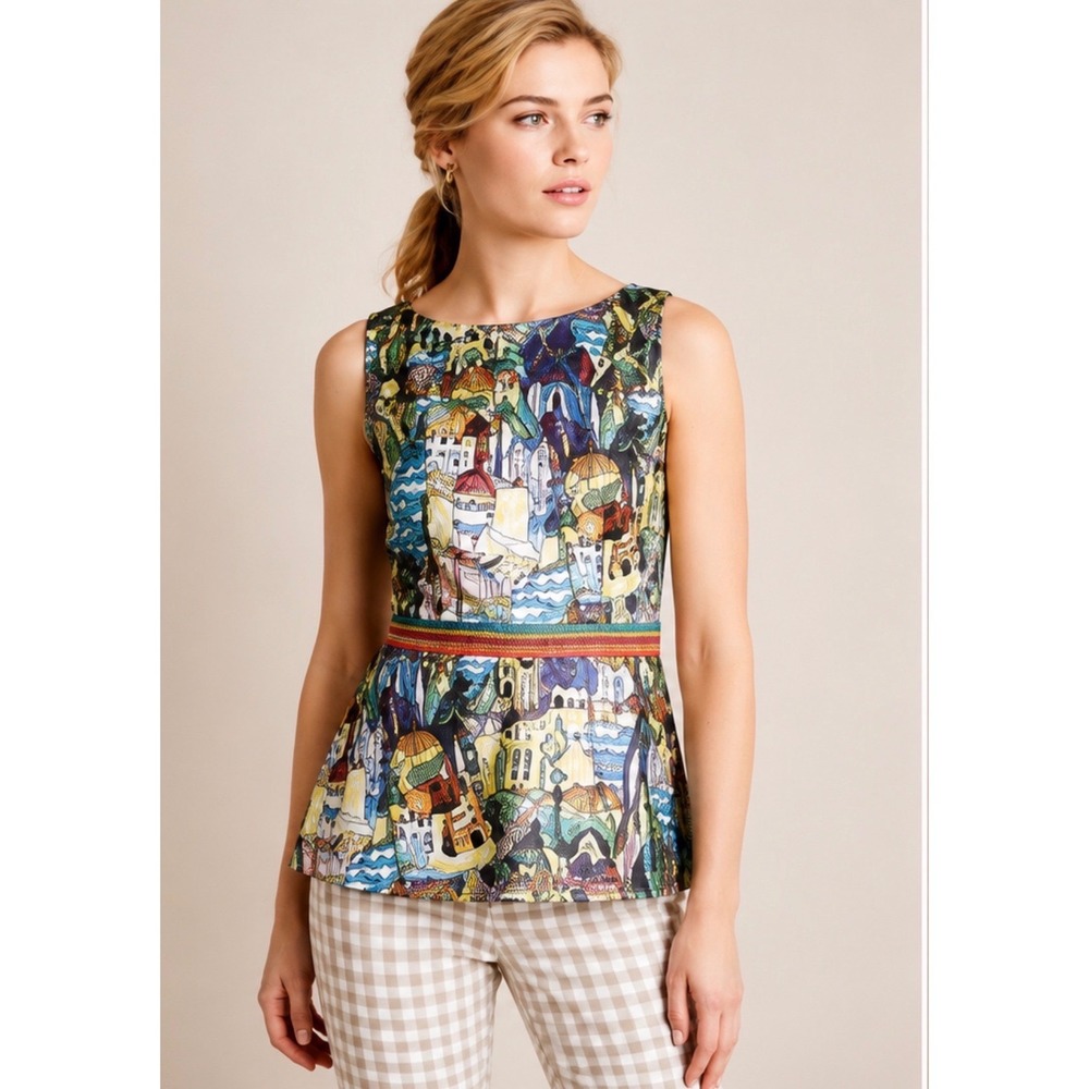 Anthropologie Weston Petites Abstract Cityscape Peplum Top Medium Boho Artsy